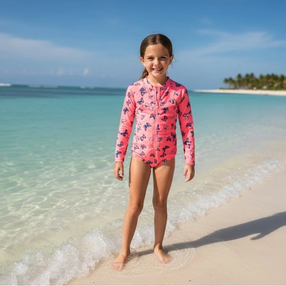 Kensie Girl Long - Sleeved Half - Zip Pink Butterfly Rashguard